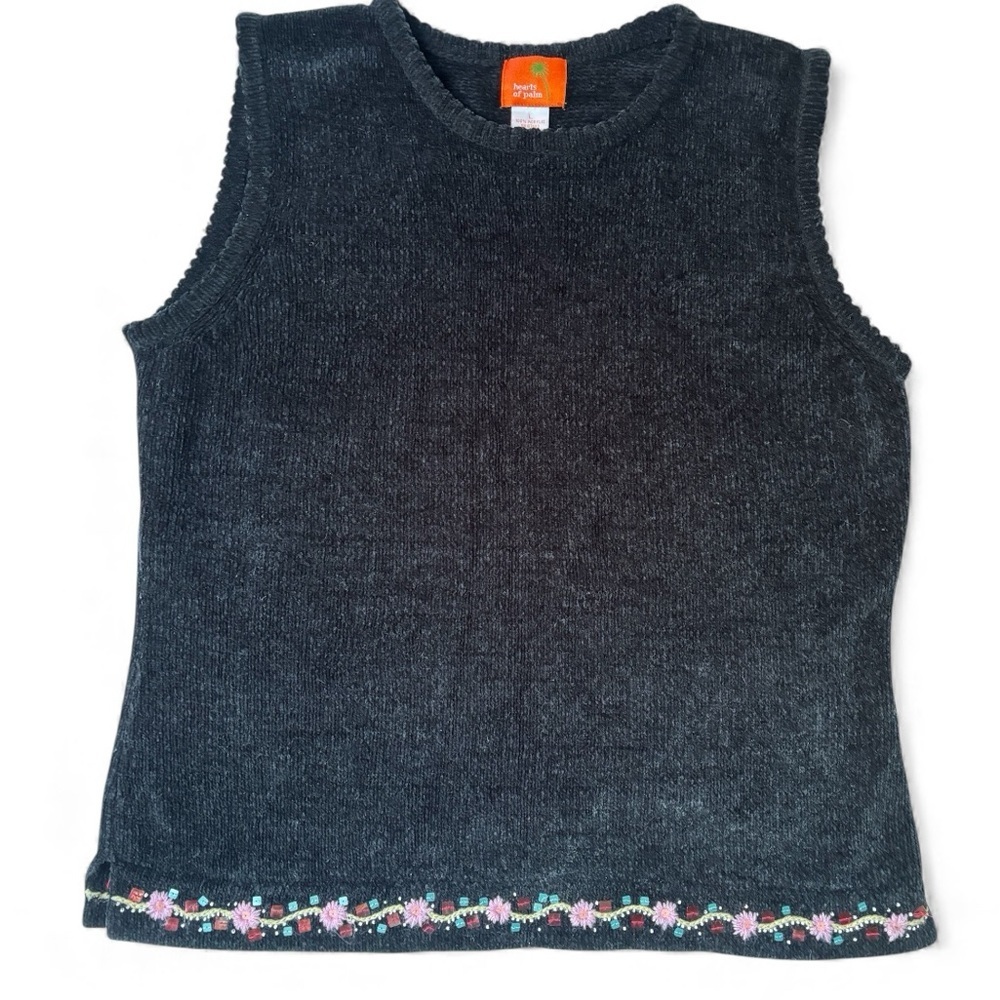 Hearts of Palm Black Knit Sweater Vest Embroidered Trim Vintage Hong Kong L